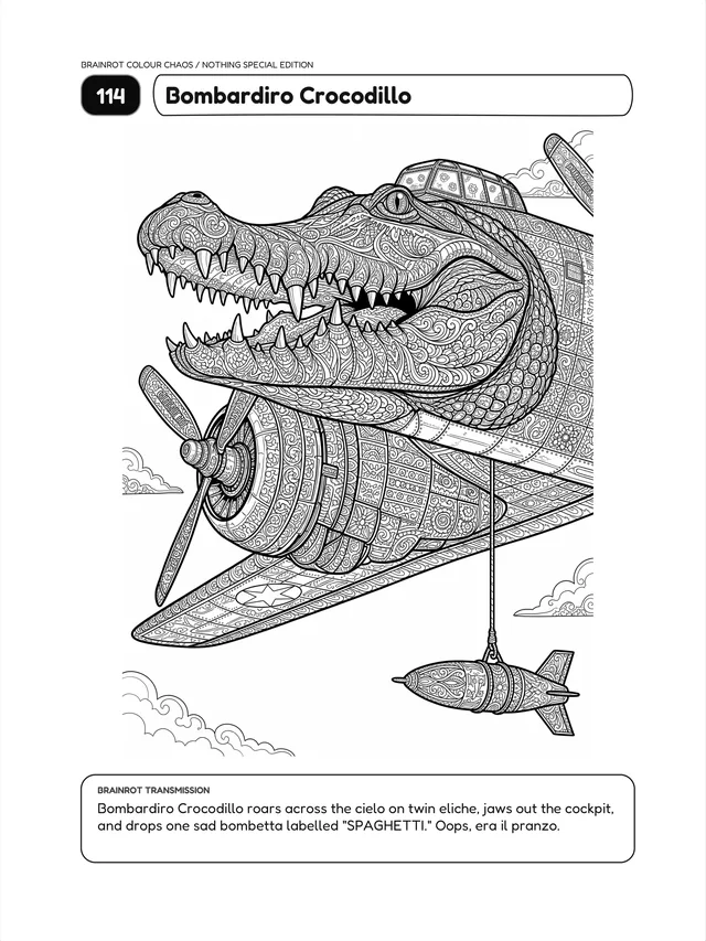 Colouring page 114, Bombardiro Crocodillo: a crocodile-headed propeller plane with patterned wings flying between swirly clouds