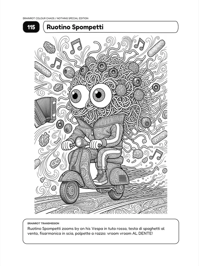Colouring page 115, Ruotino Spompetti: a spaghetti-headed character with huge eyes riding a patterned scooter, surrounded by meatballs, music notes and an accordion