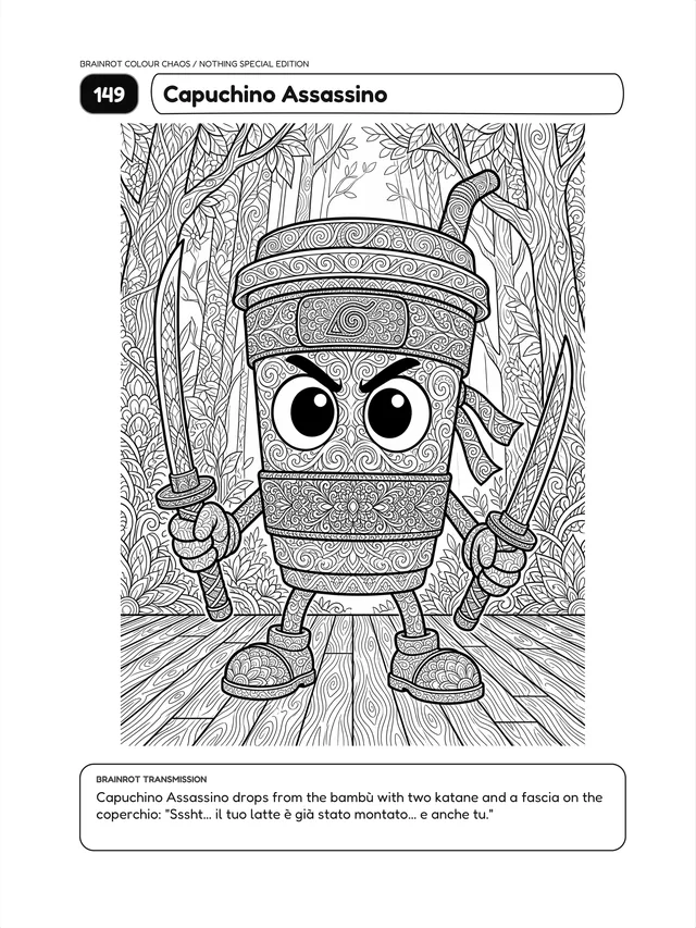 Colouring page 149, Capuchino Assassino: a ninja coffee cup with a headband and fierce eyes holding two swords in a patterned forest