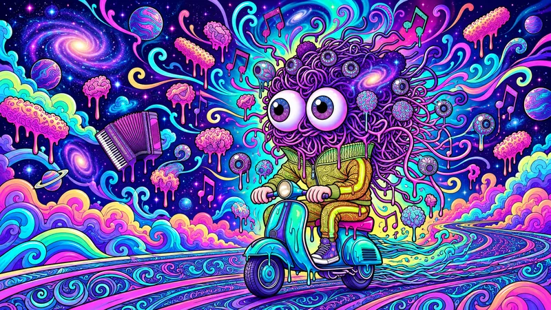 Full-colour inspiration artwork of Ruotino Spompetti riding a turquoise scooter through a neon galaxy of swirls, planets and floating meatballs